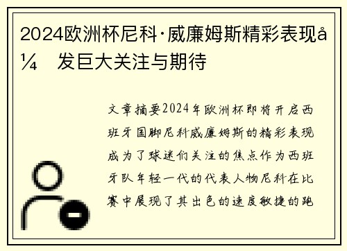 2024欧洲杯尼科·威廉姆斯精彩表现引发巨大关注与期待
