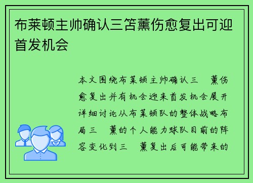 布莱顿主帅确认三笘薰伤愈复出可迎首发机会